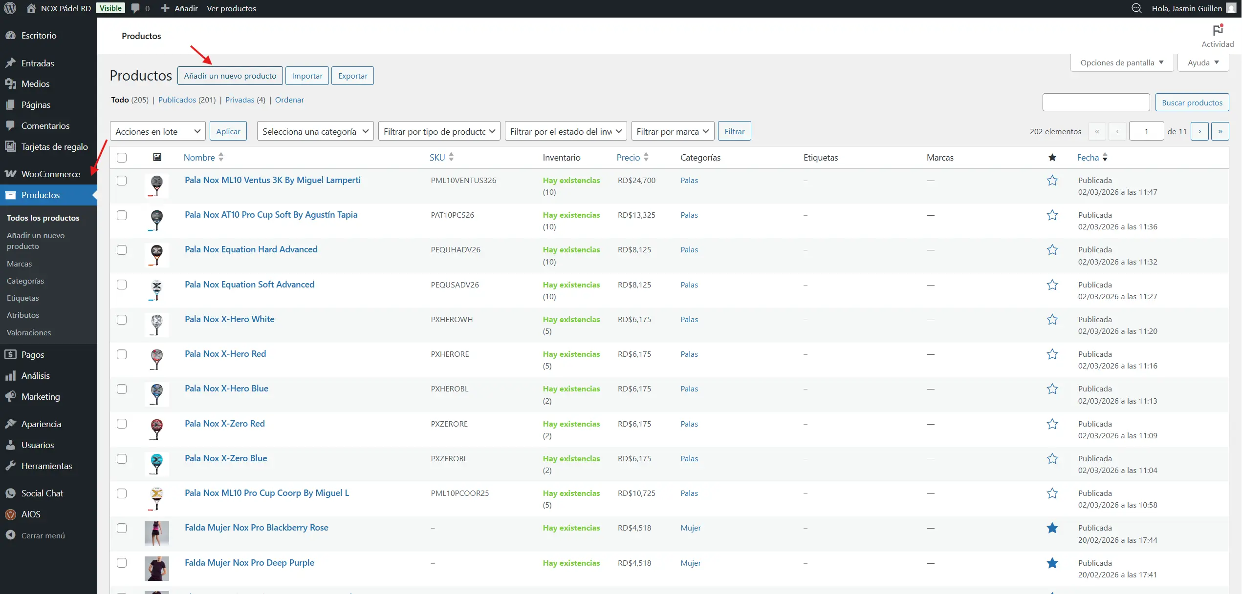 Menú lateral de WordPress mostrando la opción Productos y Añadir nuevo